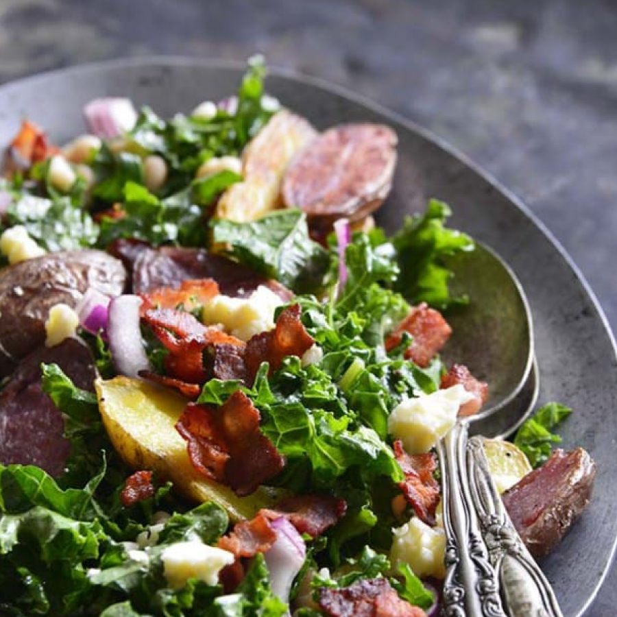 Kale Salad with Roasted Fingerling Potatoes, White Beans, and Warm Bacon Dressing - Potatoes USA - P