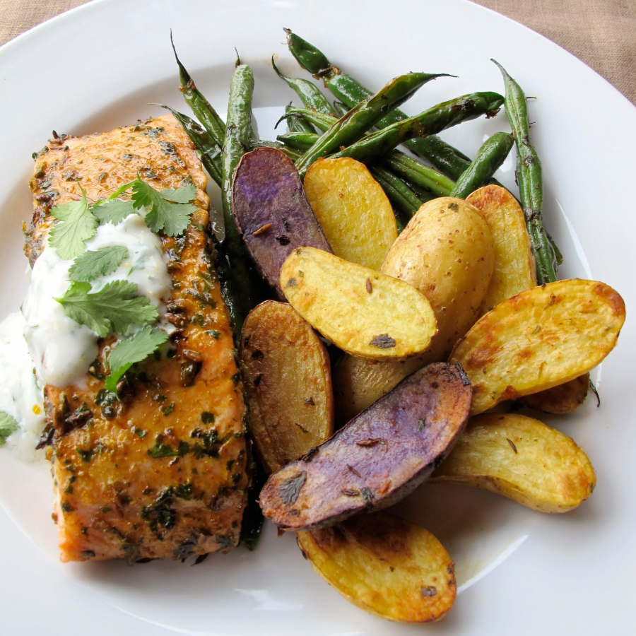Roast Salmon, Fingerling Potatoes and Green Beans with Charmoula and Yogurt Sauce - Potatoes USA - P